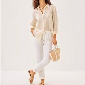 $93 Lilly Pulitzer Sea View Button Down Top. XL in Wicker Tan Ltwt Oxford Stripe